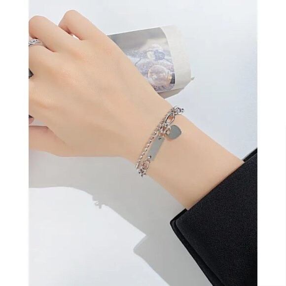 Silver Heart shaped Layered Chain Bracelet - Picture 2 of 5